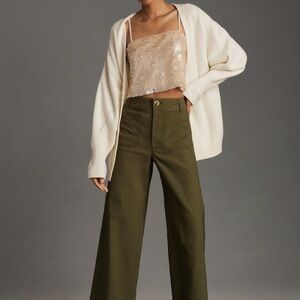 Maeve Anthropologie Colette Cropped Wide-Leg Pants Holly Green Size 28P Petite